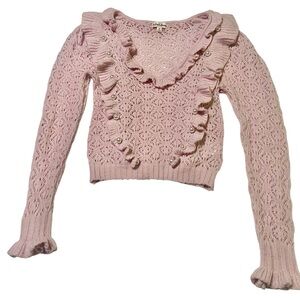 For Love And Lemons Pink Ruffled V-Neck Sweater